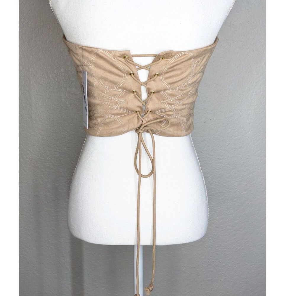 NWT Buckle Blue B Studded Faux Suede Tube Top S Western Brown Sand Lace Up Back - Picture 4 of 11
